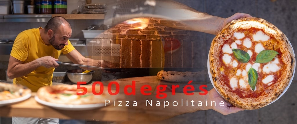 Olivier Poizat cuisant une pizza Margherita dans un four à bois traditionnel chez 500degrés, spécialiste de la pizza napolitaine authentique.