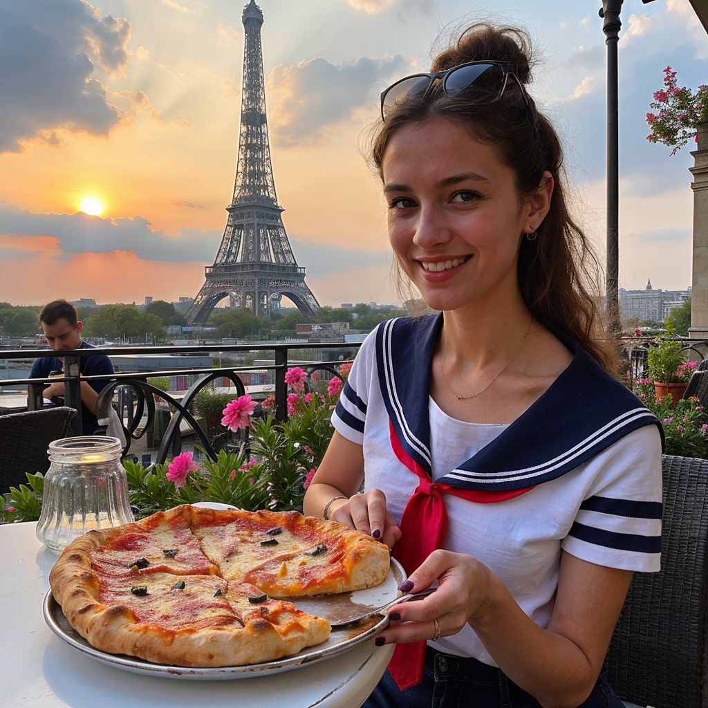 Jeune femme dégustant une pizza artisanale sur une terrasse à Paris avec vue sur la Tour Eiffel.